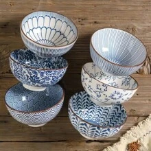 4pcs/6pcs Japanese Underglaze Ceramic Rice Bowls, 4.5-Inch Soup Bowls, Chinoiserie Ceramic Bowls, Salad Bowls,School Supplies