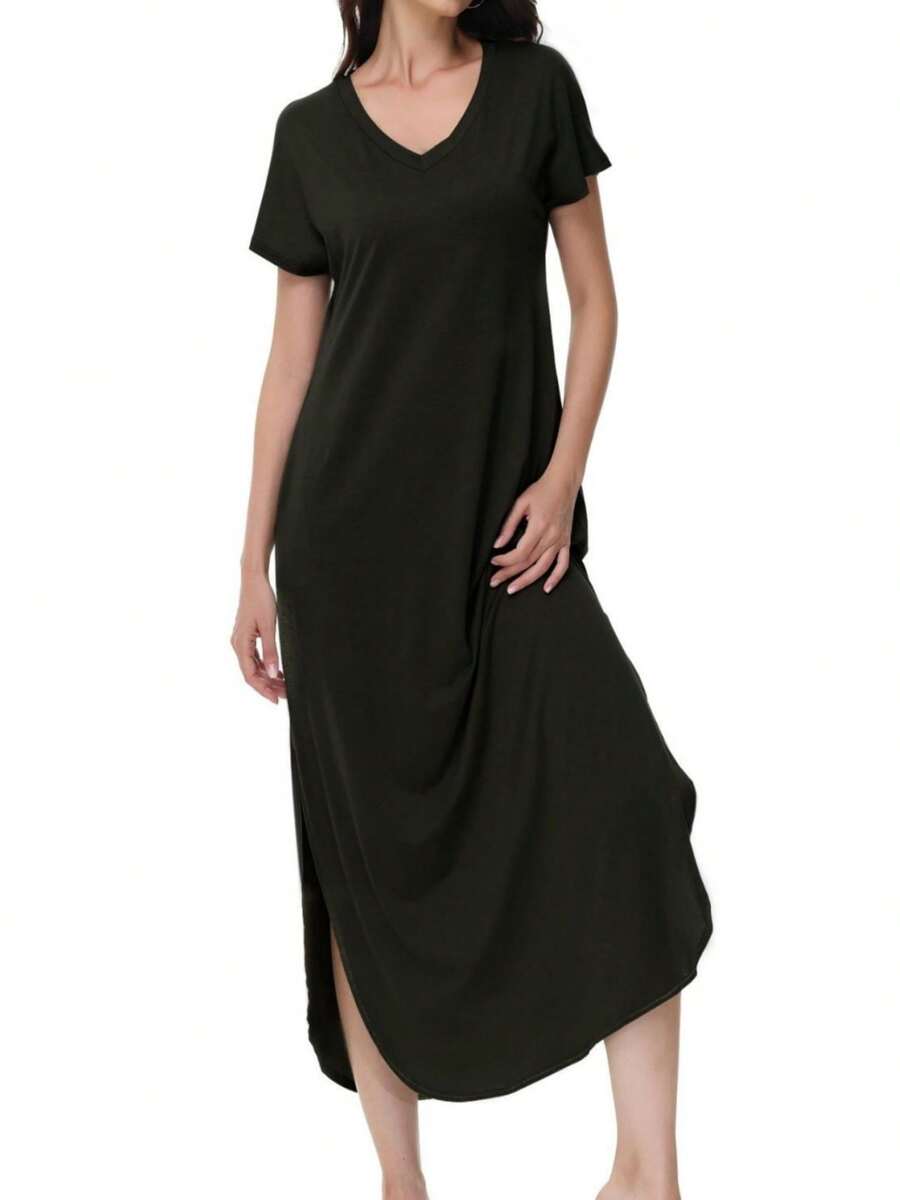 LKESRC Women's Fashion Summer Dresses Casual Loose Pocket Long Dresses - 黑色 - 查看 1