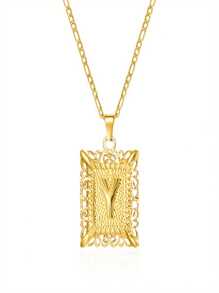 Fashion Light Luxury Stainless Steel Figaro Chain Square Hollow 26-Letter Pendant Necklace Suitable For Banquets And Holiday Daily Wear - 金色 - 查看 7