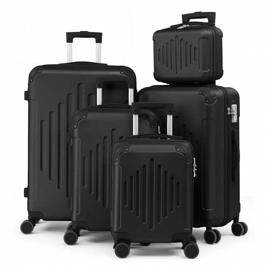 5 Piece Suitcase Set With Corner Protectors, 12/16/20/24/28 Inch Durable Hard Shell 360 Degree Spinner Wheels Large Capacity Multifunctional Lightweight Travel Suitcase - 黑色 - 查看 1