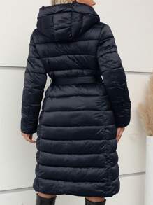Women's Puffer Jacket Lightweight Quilted Hooded Long Alternative Coat With Belt - 藍色 - 查看 5
