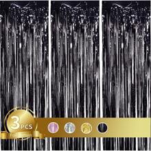 3pcs Metallic Foil Tinsel Fringe Curtains, Party Background Decoration, Birthday Party Wedding Decor Supplies