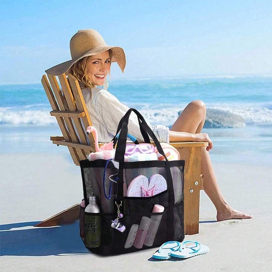 1PC Large Mesh Beach Bag - Sandproof Swim Tote Bag Oversized For Family Foldable Lightweight Pool Boat Bag, Beach Essentials, Beach Accessories, Pool Float - Multicolor - View 1