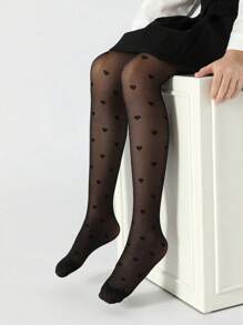 1pc Girls Kids White, Black, Heart Pattern Jacquard High Stretch Footless Tights, Mesh Leggings, Comfortable Pantyhose, School Style Dance Pants, Suitable For Back To School Season/Spring Summer