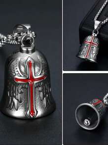 1 pieza Campana estilo retro punk Guardián para motocicleta, campana de la suerte con cruz, ala de ángel y caballero, accesorio de metal para motocicleta