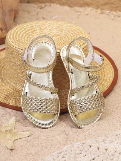 1 双儿童凉鞋，舒适奢华 PU 防滑编织带闪亮圆头装饰扣钩环平底凉鞋，适合男孩和女孩的可爱室内/户外/沙滩装，2025 年春夏新品系列