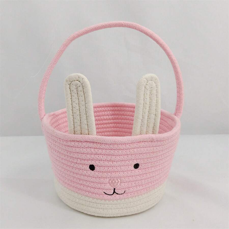 Cesta de conejito de Pascua, bonita cesta de Pascua con cuerda de colores contrastantes y asa larga para fiestas en casa y la escuela. - Rosa - Ver 1