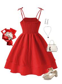 青少年女孩蝴蝶结带褶皱时尚优雅连衣裙 - 紅色 - 查看 2