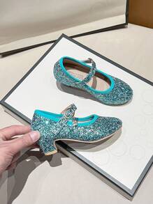 Girls Shimmering High Heel Dance Shoes, Chic And Comfortable Dress Shoes For Shows And Parties, Spring, Summer, Autumn And Winter - Stylish And Elegant Solid Color Sequin Design - Cadet Blue - View 4