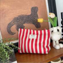 1pc Fresh Striped Cosmetic Bag, Large Capacity Portable Minimalist Women Makeup Pouch Makeup Travel Toiletry Organizer Essentials Gifts Storage Zipper Accessories Nail
