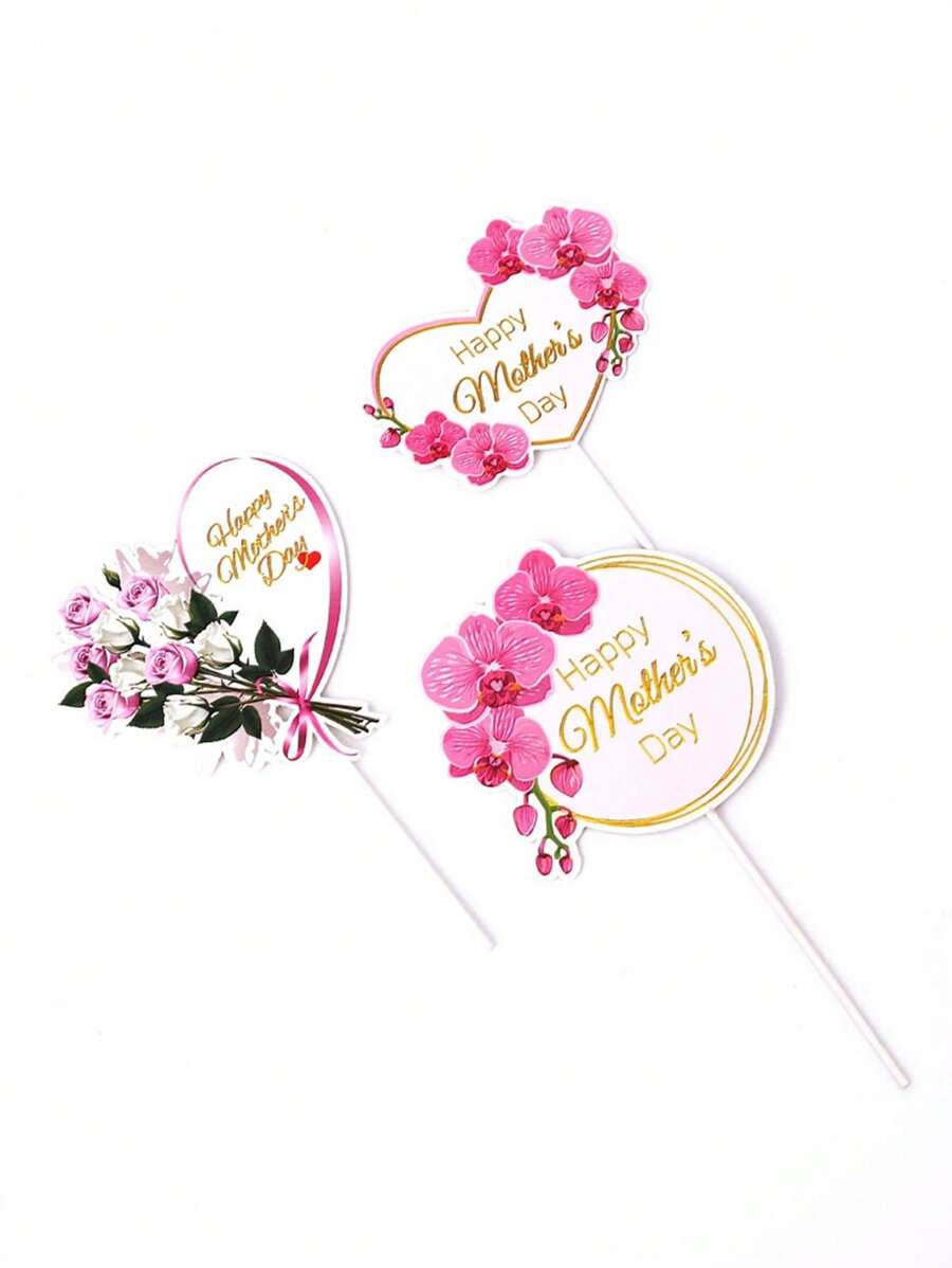 10 件母亲节蛋糕装饰 - 粉色心形和玫瑰图案，适用于纸杯蛋糕和甜点，无需电源，羽毛纸材料 - 彩色 - 查看 1