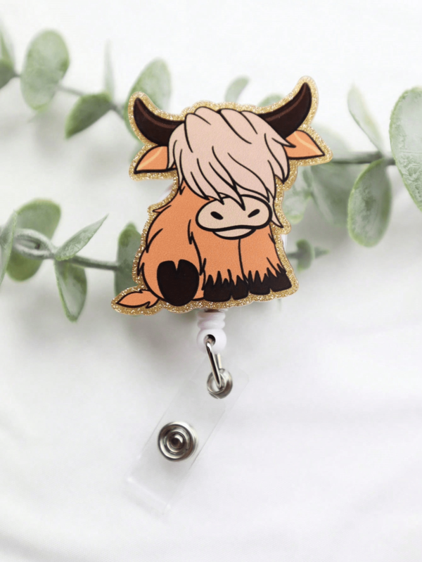1PC Brown Western Retro Sunflower Yak Bull Head Cow Nurse Retractable Badge Reel With Clip Sparkling Glitter Acrylic Badge Reel Gift For Cow Workers Small Gifts