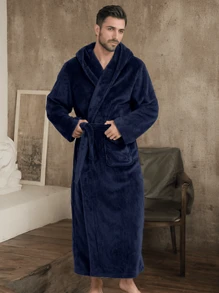 1pc Flannel Thick Autumn/Winter Soft & Comfortable Couple Double Pocket Luxury Fleece Hooded Belted Bathrobe For Men, For Fall Winter, Fluffy, Cozy