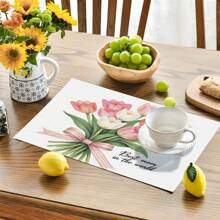 4 Pcs Mother's Day Tulip Floral Print Table Placemat, Insulated Tableware Mat, Mother's Day Decor, Pink Flower