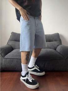 Shorts vaqueros informales de pierna ancha para hombre, shorts de mezclilla de verano lisos, shorts de mezclilla amplios de color azul claro, regalo para el esposo o novio