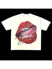 Men's High-Quality 100% Cotton Street Style T-Shirt With Lip And Letter Printed Patterns, Weighing 220 Grams. High Quality, Comfortable, Versatile, Soft, Breathable Summer Short Sleeved Top - 白色 - 查看 1