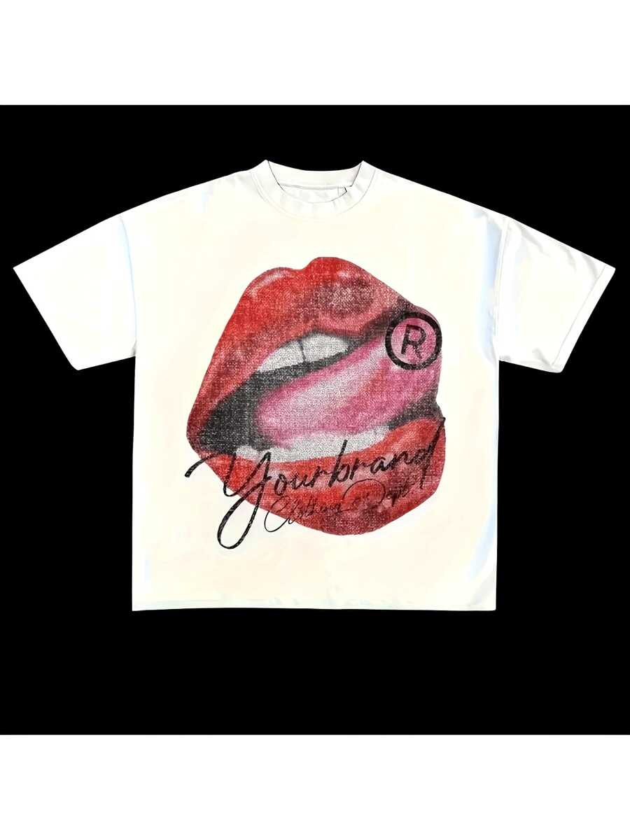 Men's High-Quality 100% Cotton Street Style T-Shirt With Lip And Letter Printed Patterns, Weighing 220 Grams. High Quality, Comfortable, Versatile, Soft, Breathable Summer Short Sleeved Top - 白色 - 查看 1
