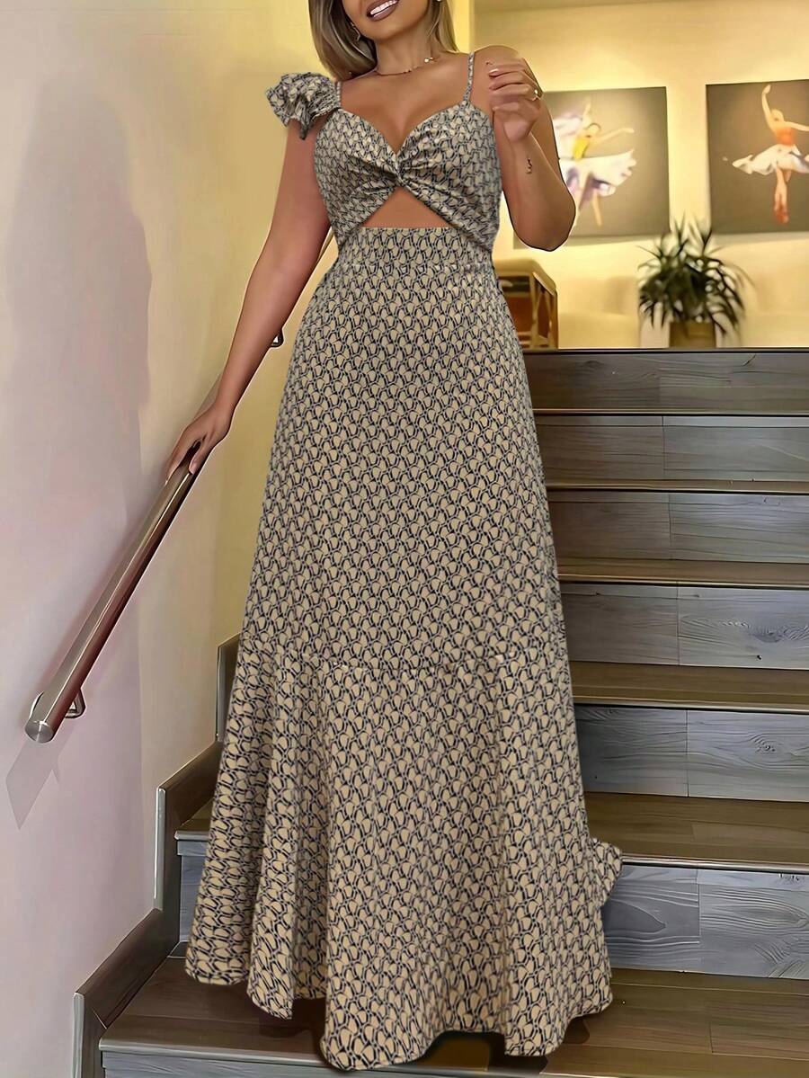 Váy cạp cao in họa tiết gợi cảm thanh lịch dành cho nữ có dây đeo mảnh - Màu Khaki - Xem 1