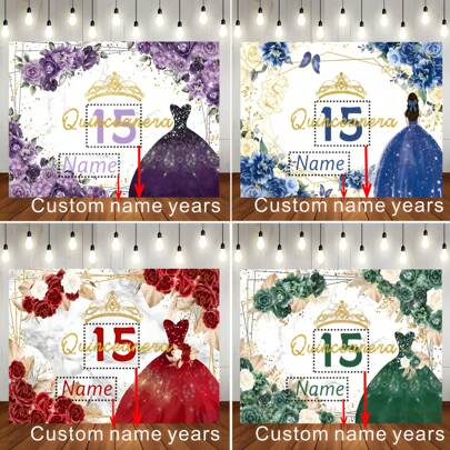 1 pieza Personalizable Años Nombre Corona de oro Barra de princesa Cumpleaños Hermoso vestido de princesa Fondo floral multicolor Diseño personalizado Años Decorado en Decoración de fondo de fiesta de cumpleaños de princesa Bandera de fotografía retrato Vinilo