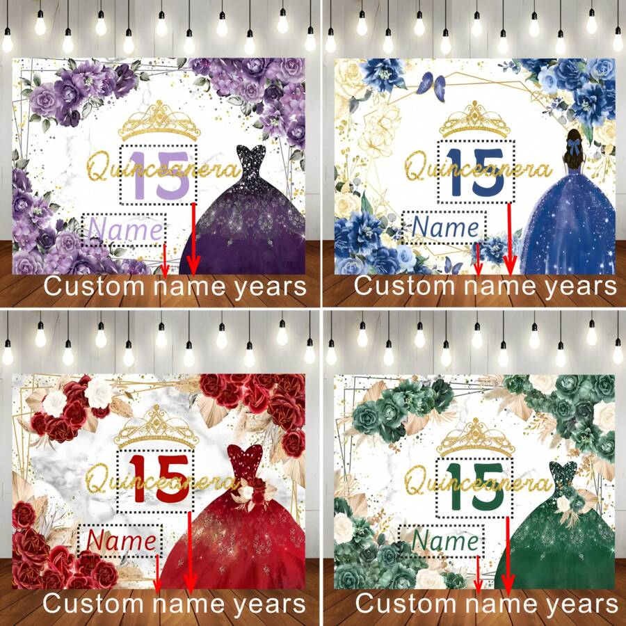 1 件可定制年份名称金色皇冠公主酒吧生日漂亮公主裙多彩花卉背景个性化名称年份设计装饰公主生日派对主题背景装饰横幅肖像摄影道具乙烯基