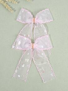 2 件装粉色薄纱发饰，适合女孩，闪亮花朵印花蝴蝶结鳄鱼夹，优雅珍珠水钻发夹，春假女孩发夹，儿童发饰 - 粉色 - 查看 1