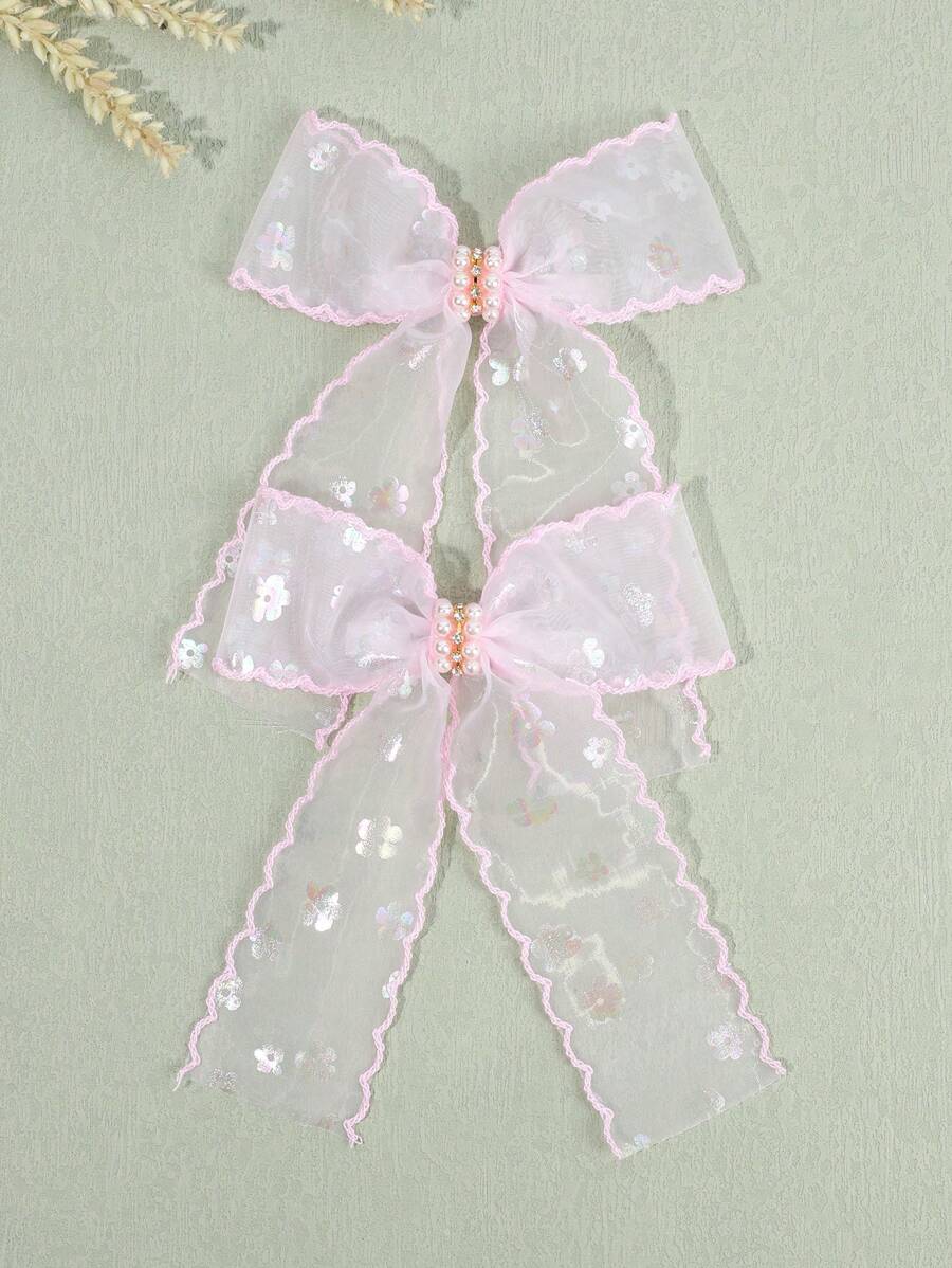 2 件装粉色薄纱发饰，适合女孩，闪亮花朵印花蝴蝶结鳄鱼夹，优雅珍珠水钻发夹，春假女孩发夹，儿童发饰 - 粉色 - 查看 1