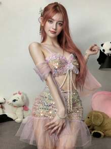 1pc New Mermaid Fantasy Pearl Decoration Cosplay Mermaid Costume, Anime Game Character Outfit Halloween
