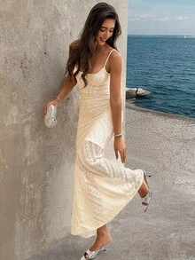 Women's Lace Pattern Bodycon Ruffle Hem Dress - Apricot - View 3