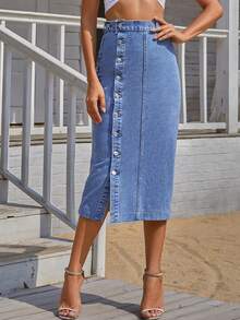 女士牛仔半身裙 - 藍色 - 查看 2