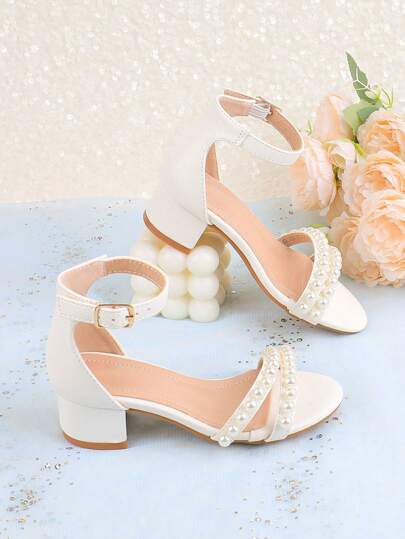 Girls' White Pearl Dress Formal Summer Outfit, High Heel Mary Jane Flower Girl Wedding Party Princess Peep-Toe Buckle Sandals, For Toddler, Little & Big Girls