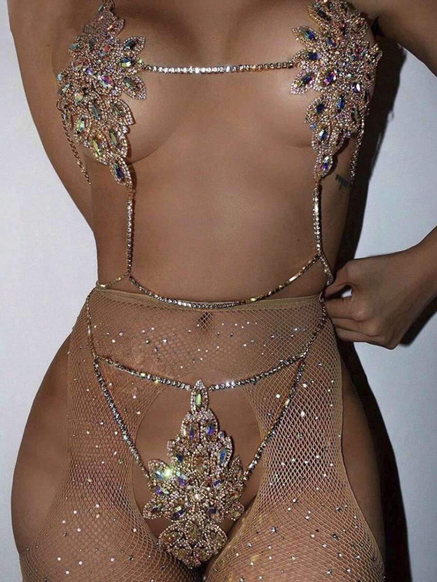Cuier 1PC Fascinating Rhinestone Body Chain Jewelry Set For Women Excellent Quality Beach Bikini Chain Party Night Club - Gold - View 1