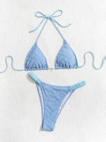 性感休闲度假女士特殊材质吊带比基尼泳装套装，适合夏季海滩度假 - 淺藍色 - 查看 5
