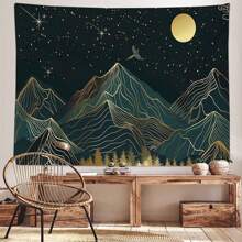 1pc Night Forest & Mountain Print Tapestry, Modern Polyester Square Wall Hanging Decor For Room, Living Room, Bedroom, Home Decoration