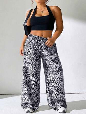 Plus Size Retro Leopard Print Casual Wide Leg Pants