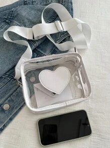 New Summer Transparent Girl Bag With Wide Strap, Heart Design Cross-Body Bag, Small Square Shoulder Bag, Personalized Phone Pouch - White - View 4