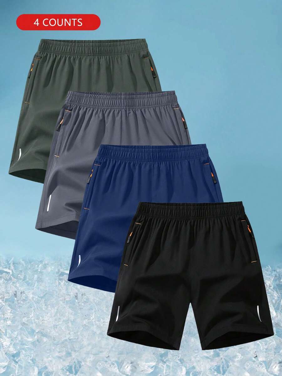 4 piezas de pantalones cortos para hombre para deportes y ejercicio al aire libre, con cintura con cordón, rayas reflectantes, transpirable y de peso ligero, para primavera/verano
