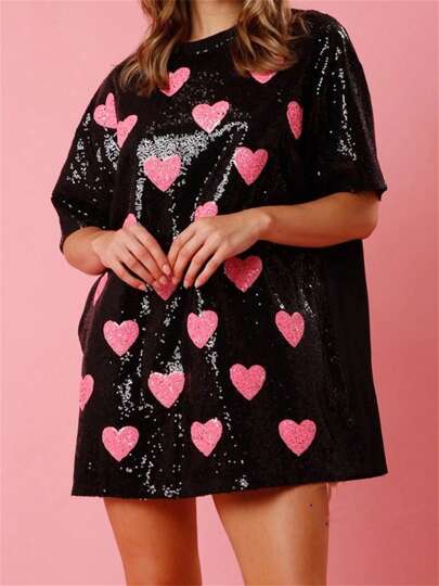 Women's Sequin T Shirt Dress Short Sleeve Round Neck Heart Pattern Oversized Tops Party Dress