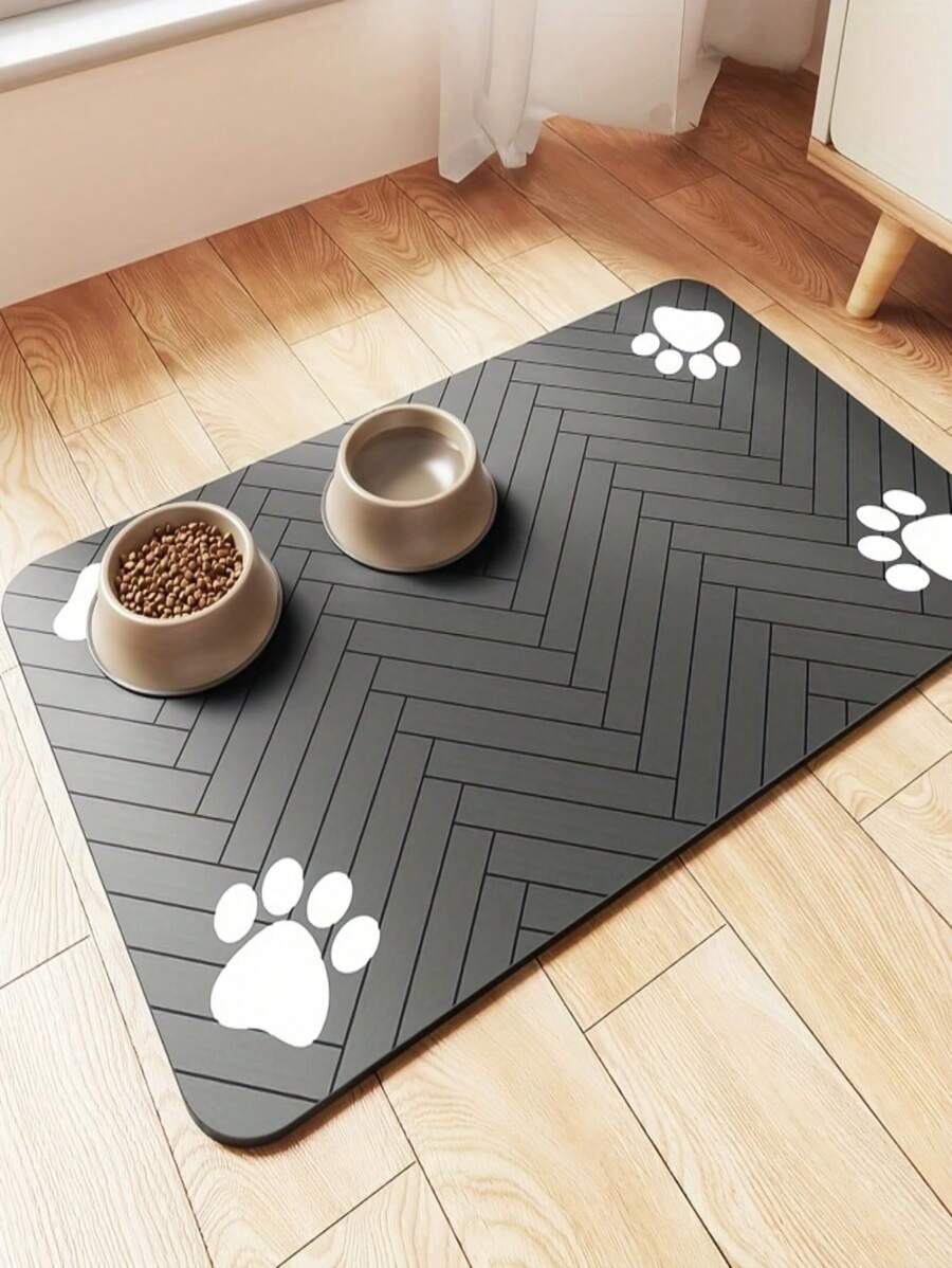 1pc Pet Silica Gel Feeding Mat - Anti-Splash, Absorbent, Easy To Clean, Suitable For Dogs And Cats, Fish Bone Pattern With Paw Print Design, Black, Washable Pet Feeding Mat