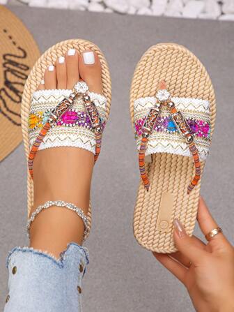Summer Bohemian ||Y2K|Bright White Faux Woven Texture Design Colorful Embroidered Flip Flop Flat Sandals, Suitable For Street, Vacation, Music Festival, Events