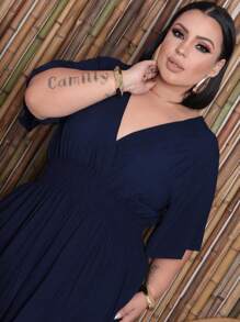Plus Size Long Dress V Neck Short Sleeve - Navy Blue - View 3