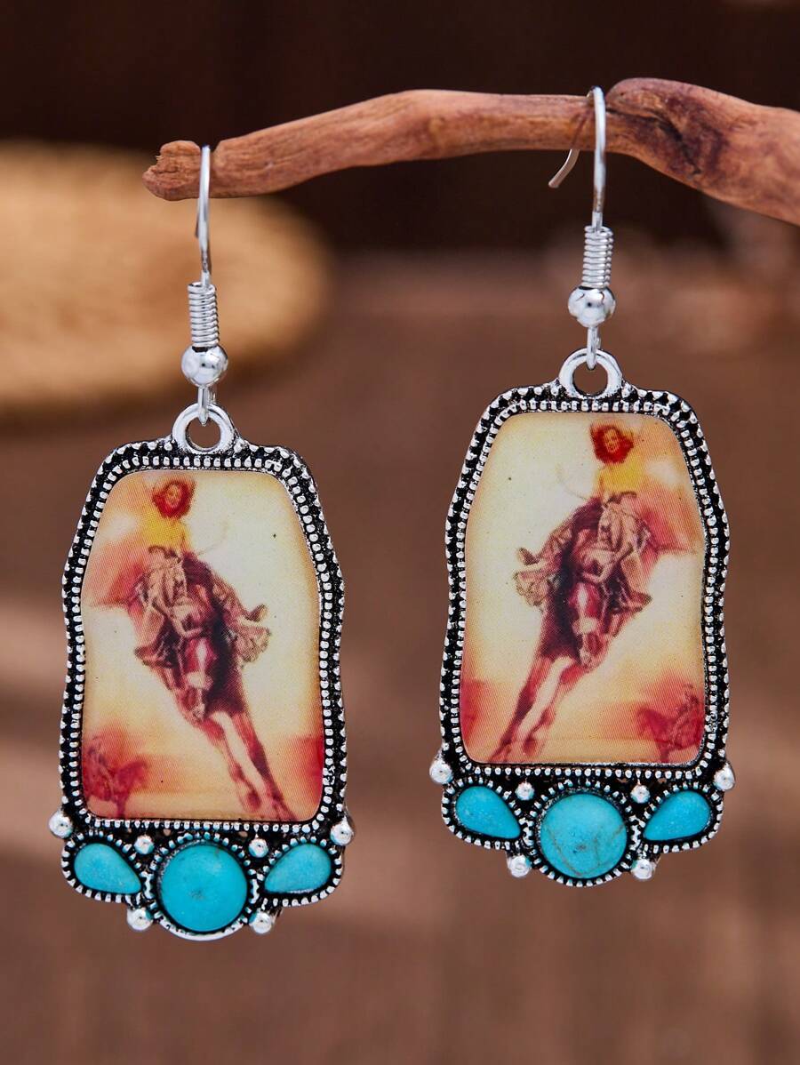 1 Pair Retro Cowgirl Western Bull Pattern Turquoise Earrings, Vintage Boho Earrings, Cowboy Couple Summer Jewelry, Suitable For Ladies' Daily, Festival & Party Wear, MONLOTTI Jewelry Gift - Antique Silver - View 1
