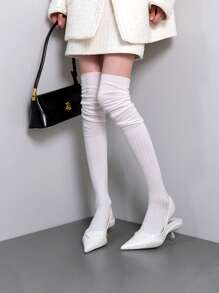 1 Pair Spring/Autumn Slim Stripe Thigh High Socks, Elegant Design, Cozy - White - View 6