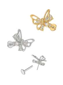 1 件装双层蝴蝶无缝推入式唇/耳/软骨耳钉，镶嵌合成锆石，身体穿孔珠宝唇/耳钉，适合约会、日常佩戴、礼物、派对、音乐节 - 蝴蝶型 - 查看 2