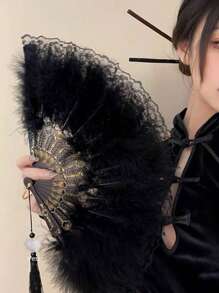 1 件复古蕾丝手持扇，优雅大方，适合夏季舞蹈、T 台，流苏古典风格 - 彩色 - 查看 8