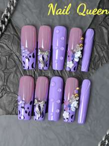 10 件 100% 手工按压指甲 高档美白新款葡萄紫中长款芭蕾风格美甲套装 半透明设计 3D 花朵仿真水滴金属蝴蝶结手绘斑点欧美风格全覆盖可拆卸和可重复使用指甲上的独特美甲风景派对和婚礼必备时尚配饰女孩礼物的首选美甲用品包括指甲锉和指甲胶
