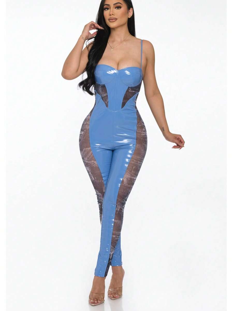 VINYL SLEEVELESS CATSUIT JUMPSUIT - 板岩藍 - 查看 1