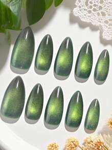 10 件复古风格手工杏仁形长可拆卸指甲贴，M 码绿色调，高端全息猫眼效果，适合女孩、派对、礼物、日常办公使用，附赠 1 个指甲锉