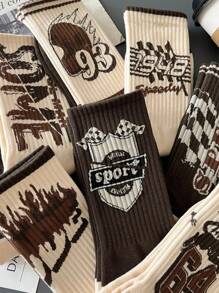 5 Pairs Of Men's Socks Multi-Colored For All Seasons Random Letters Graffiti Stripes Digital Flame Pattern Maillard Fashion Soft And Comfortable Daily Casual Sports Mid-Tube Socks