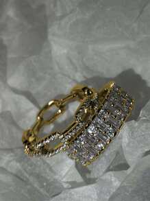 rundraw Bộ 2 nhẫn trang trí bằng đồng mạ vàng 18K tối giản Cubic Zirconia, dành cho phụ nữ đeo hàng ngày và dự tiệc - Vàng - Xem 5