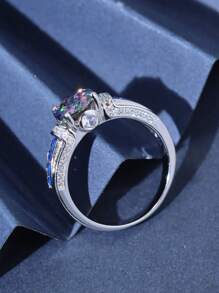 1pc Vintage Style S925 Silver Ring With Colored Center Stone, Unisex, Ideal For Anniversary, Birthday, Valentine's Day, Mother's Day, Thanksgiving, Christmas Gift - Silver - View 3